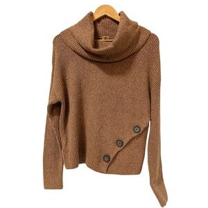 Yes To Sweater Women Small Brown Tan Knit button Cowl Turtleneck Boho Cottage